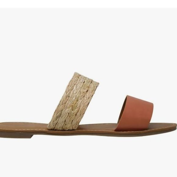 Qupid Two Band Slip-On Flat Sandals- Coral/Straw Tan - Picture 4 of 10